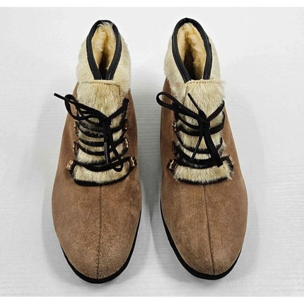 VTG Hush Puppies Suede Leather Faux Fur Fleece Lined Tan Lace-up Ankle Boot 5.5M